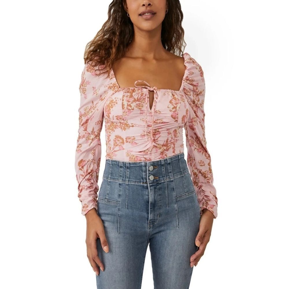 Free‎ People Cropped floral pink Top Long Sleeve tie  front sz S NEW